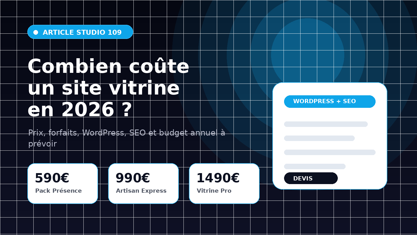 Illustration d’un site vitrine WordPress moderne avec tarifs, SEO et design web premium Studio 109